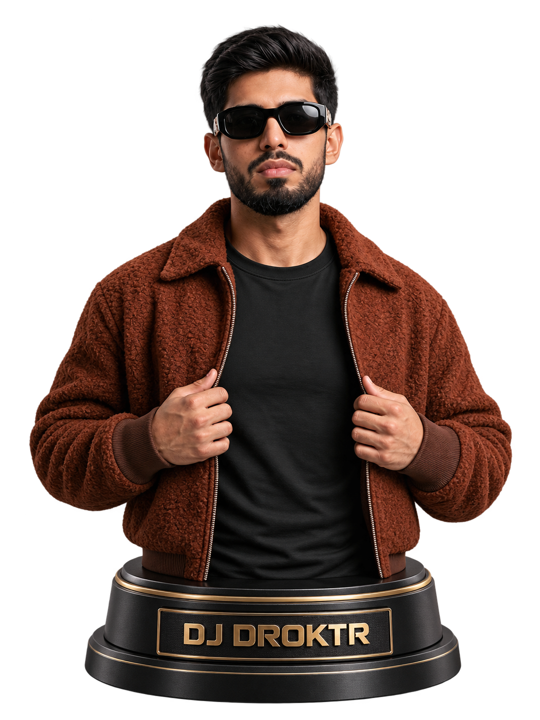 DJ DROKTR collectible bust wearing a brown jacket and sunglasses on a black and gold pedestal labelled DJ DROKTR.